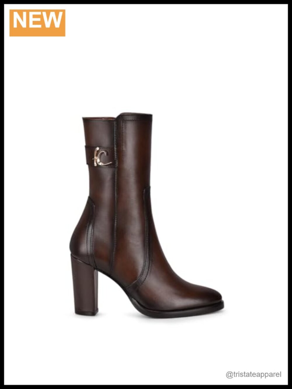 Women's Leather Ankle Booties with Metallic Logo, Almond Toe, Block Heel